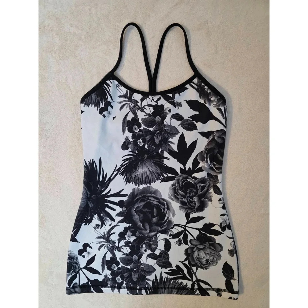 Lululemon Women's‎ Top Size 4 White Black Cool Racerback Brisk Bloom Yoga Floral